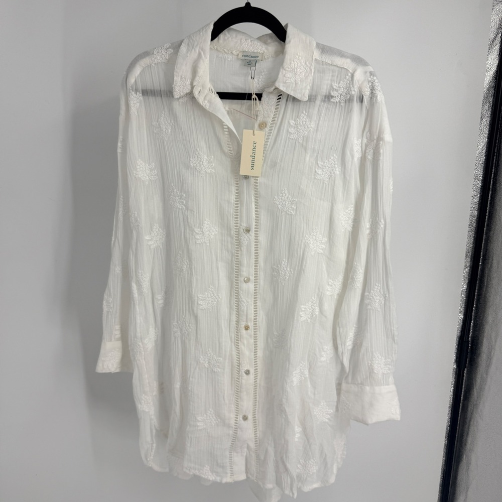 Sundance White Embroidered Cotton Button Down Tunic Top S NWT Boho Casual Lined